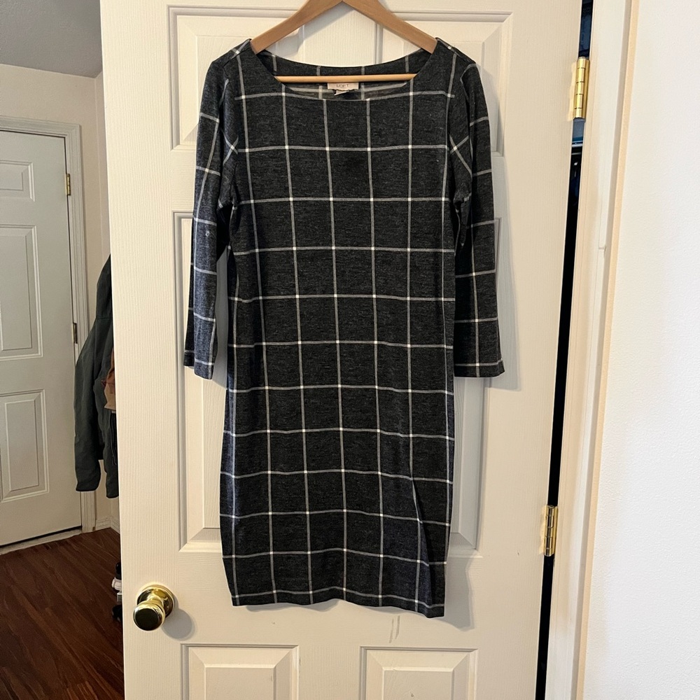 LOFT Black and White Grid Long Sleeve Dress